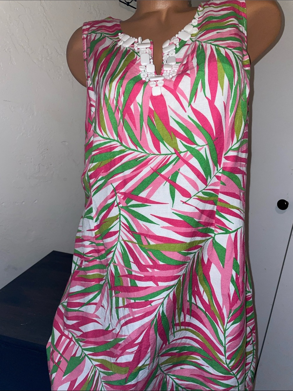 Ruby Rd. Pink Green Palm-Print Mini Dress with White Beaded Neckline